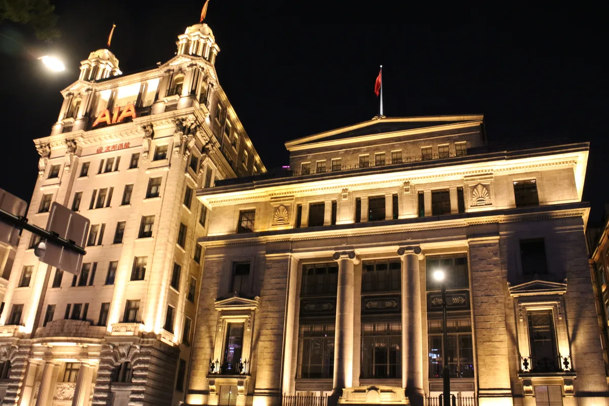 Historic Bund buildings illuminated at night