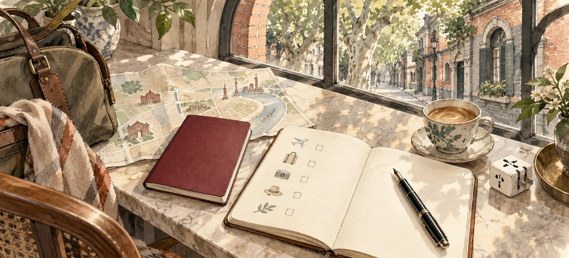Ink-and-wash illustration of a passport, checklist and travel essentials beside a Shanghai window.