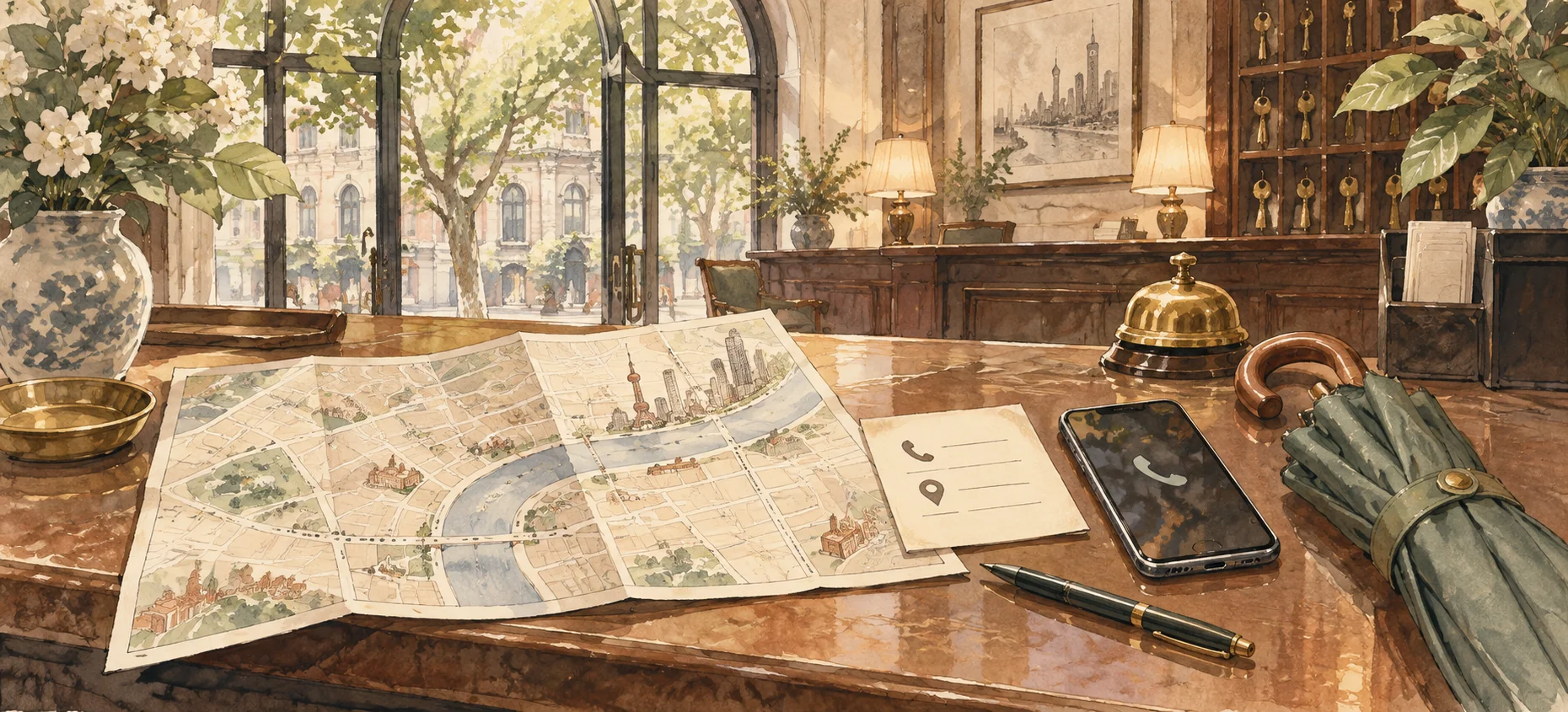 Ink-and-wash illustration of an offline map, contact card, phone and umbrella at a Shanghai concierge desk.