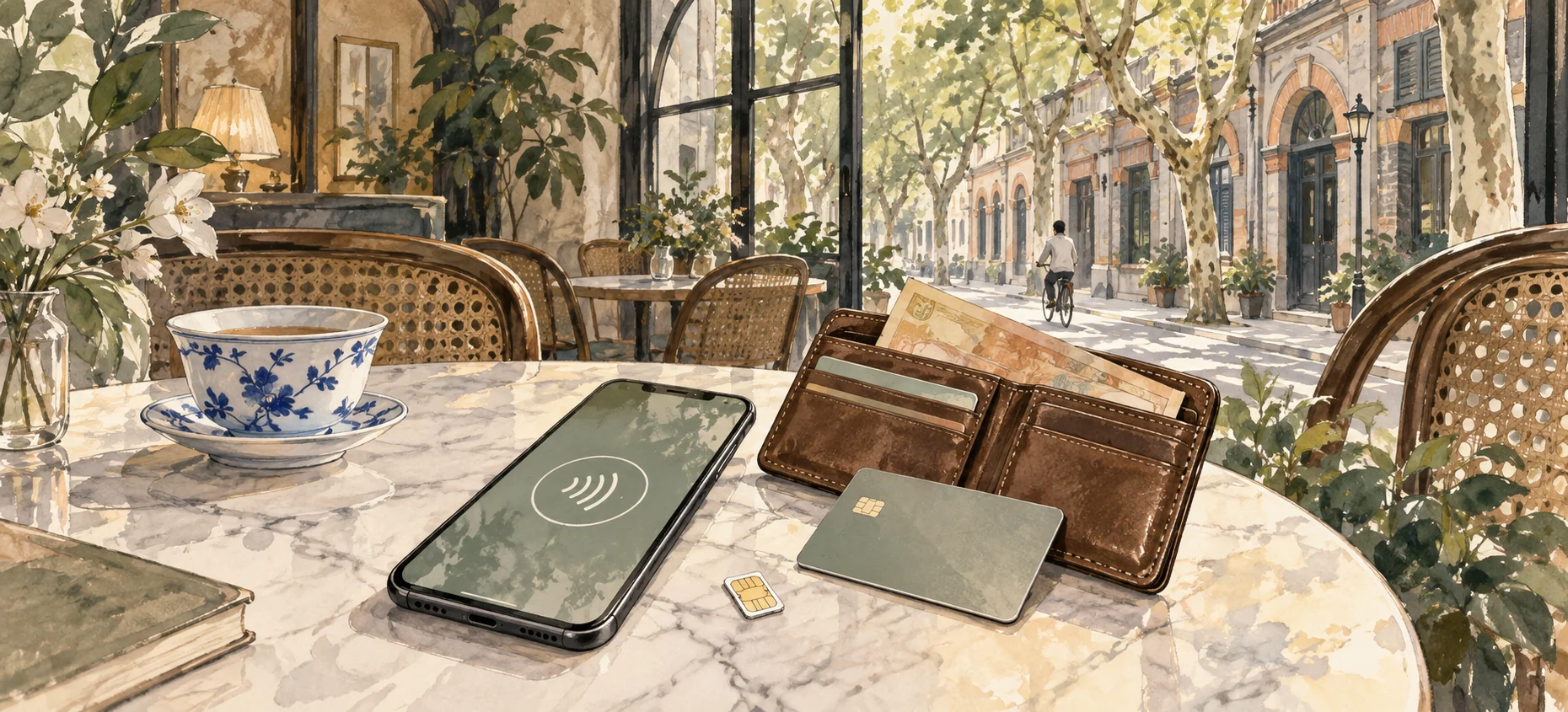 Ink-and-wash illustration of a phone, wallet, bank card and teacup in a Shanghai café.